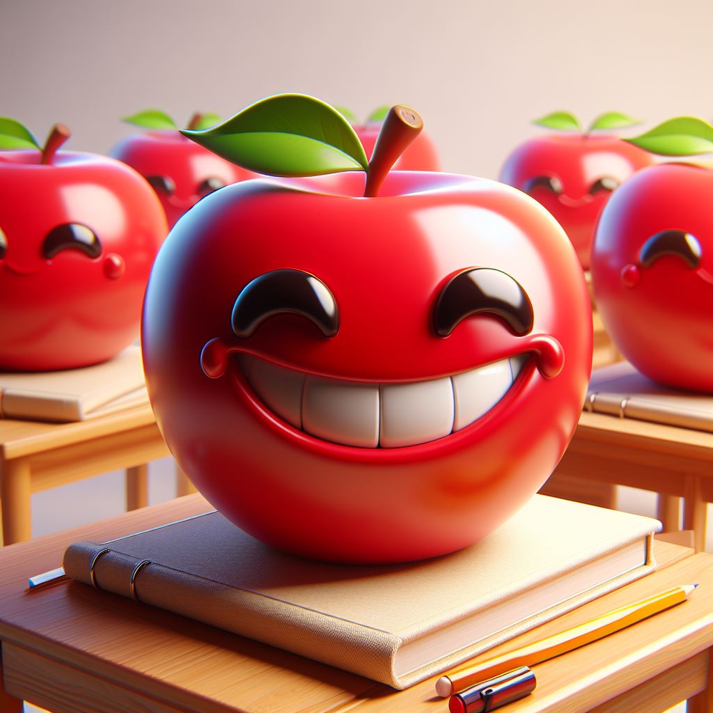 3D apple illustration with 5-letter vowel words for kids