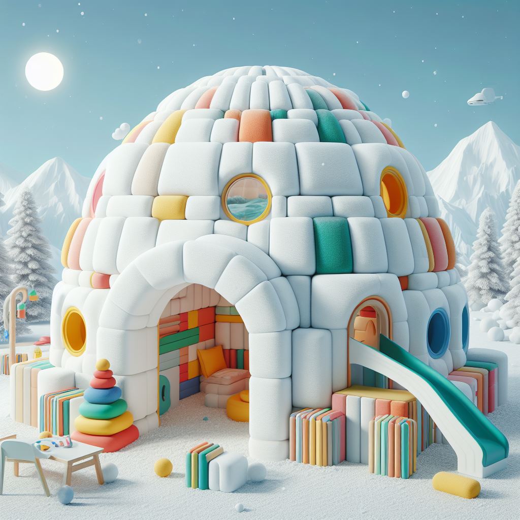 3D igloo house image with five-letter vowel words for kids